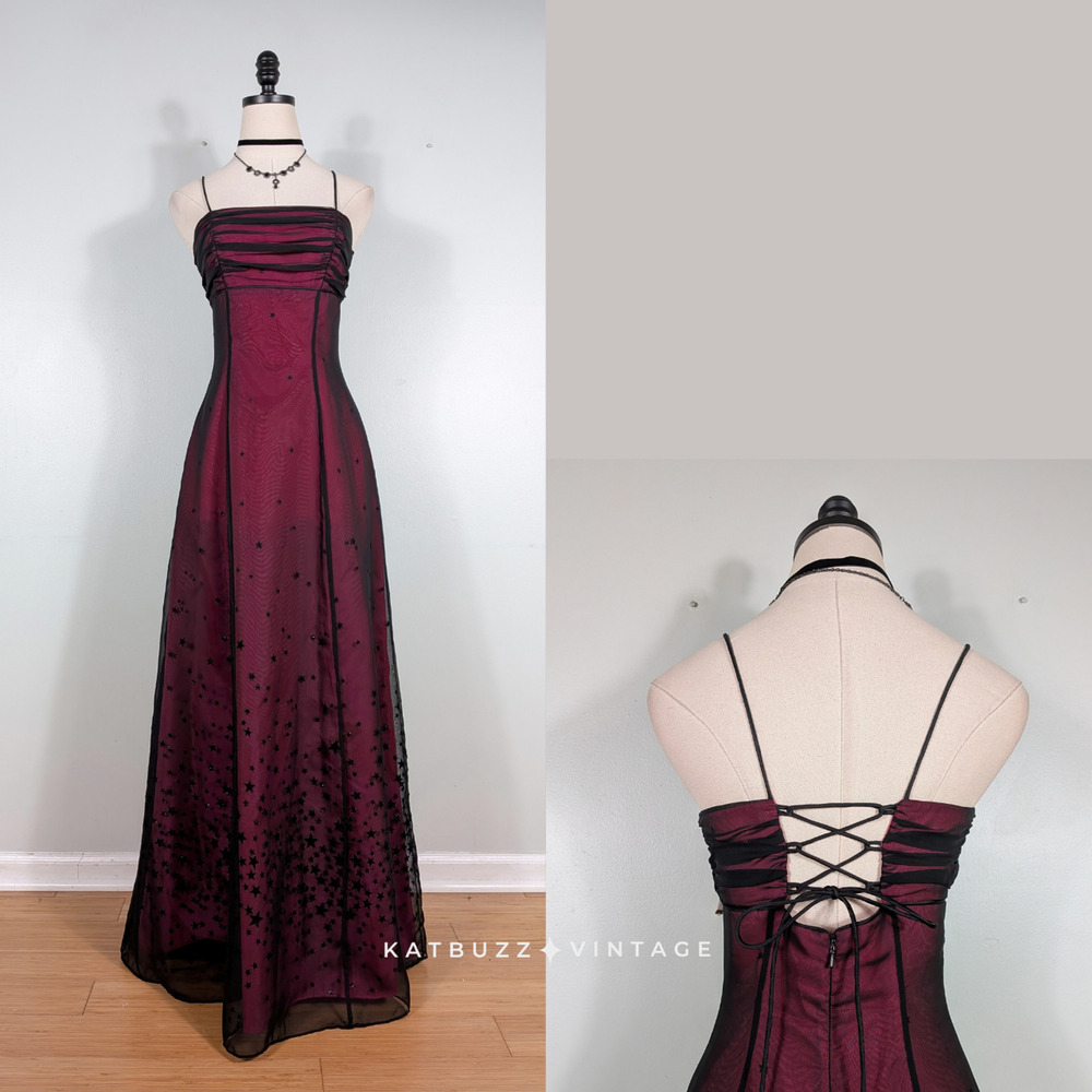 Vintage Morgan Co Prom Dress Maxi Gown Pink Black Star Corset 90s Y2K Goth Glam